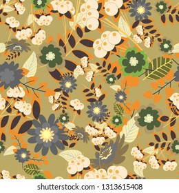 Vintage pro-vance style. Flower vector seamless pattern with assorted plants in yellow, beige and gray.