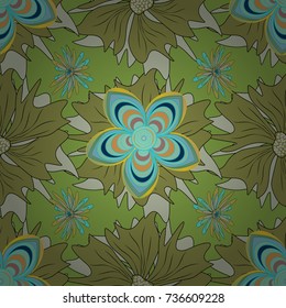 Vintage pro-vance style. Flower vector seamless pattern with assorted plants in green, gray and blue.