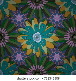Vintage pro-vance style. Flower vector seamless pattern with assorted plants in yellow, green and blue.
