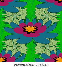 Vintage pro-vance style. Flower vector seamless pattern with assorted plants in blue, green and neutral.