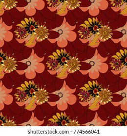 Vintage pro-vance style in orange, black and red colors. Flower vector seamless pattern with assorted plants.