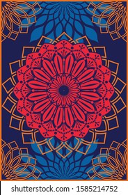 Vintage Psychedelic Art Style Background, Abstract Ornament Mandala, Bright Colors, Floral Elements