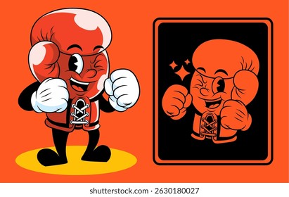 Vintage psychedelic cartoon with a groovy retro boxing glove mascot and label design.