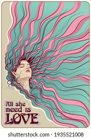 Vintage Psychedelic Posters Style Beauty and Curly Hair