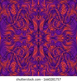Vintage psychedelic trippy colorful waves fractal mandala. Ggradient neon colors orange, purpule and dark violet color. Decorative flower pattern. Vector shamanic fantasy background illustration.
