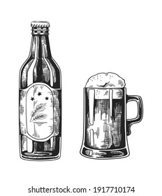 Vintage Pub Glass Mugs With Beer. Hand Drawn Bottle And Pint Cup With Refreshing Foam Alcohol Beverage. Black And White Isolated Sketch Of Bar Glassware. Brewery Drink Products, Vector Illustration