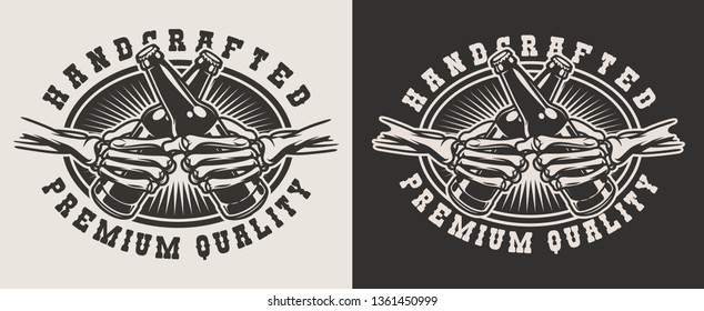 Vintage pub monochrome print with skeleton hands clinking beer bottles isolated vector illustration