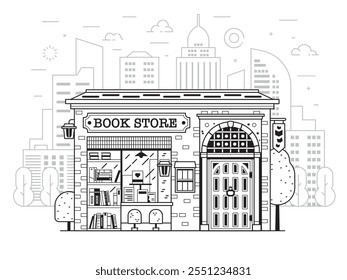 Vintage public book shop building on modern city background scene. Authentic bookstore at downtown with skyscrapers. Classic Europe antiquarian bookshop in line art design.