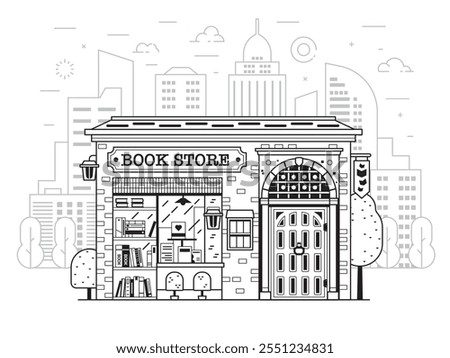 Vintage public book shop building on modern city background scene. Authentic bookstore at downtown with skyscrapers. Classic Europe antiquarian bookshop in line art design.