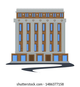 Vintage public city building in 1930s style, municipal or public construction vector. Retro brick architecture with pillars, 30s architectural design. Entrance on ground floor, American history