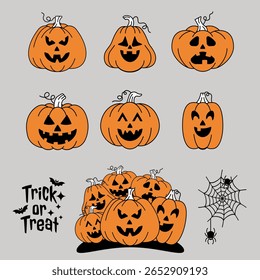 Vintage Jack-o’-Lantern Pumpkin Faces – Halloween Vector Set. A set of cute retro halloween pumpkins, clipart, isolated