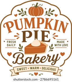 Vintage pumpkin pie bakery typography with autumn themed decorative elements in warm seasonal colors. Perfect for bakery branding, Thanksgiving decor, printable graphics, and rustic fall artwork.