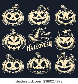 Vintage Pumpkin vector set for halloween event on indigo background 