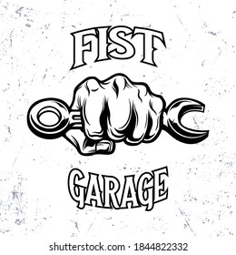 vintage punch fist with wrench garage mascot logo illustration template