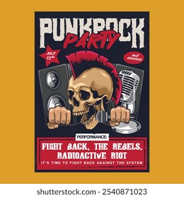 Folleto del cartel del concierto del festival de la noche de la música del Rock del punk de Antiguas con la cabeza del cráneo, el micrófono, y el altavoz en estilo de Ilustración vectorial