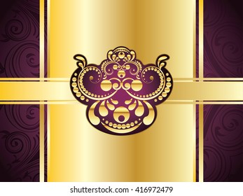 Vintage purple background with decorative gold ribbon and floral ornament.