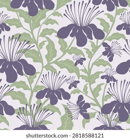 Vintage purple botanical pattern featuring exotic passion flowers with detailed stamens and green leaves on a light lavender backdrop. Classically elegant design.