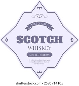 Vintage purple label for a limited edition best quality scotch whiskey, featuring elegant decorative elements and classic typography, conveying tradition, exclusivity, and premium craftsmanship