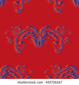 Vintage purple seamless pattern with abstract elements floral ornament on red background, vector illustration