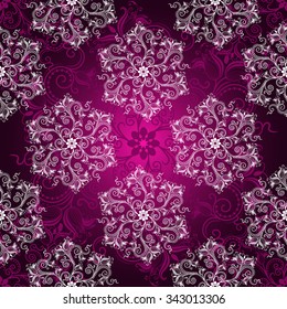 Vintage purple seamless pattern with white filigree lacy white circles, vector eps10