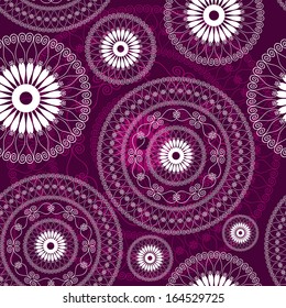 Vintage purple seamless white pattern with white filigree circles (vector)