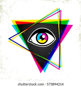 Vintage pyramid with eye in 90's style. Vintage poster with pyramid and eye