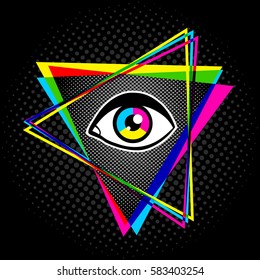 Vintage pyramid with eye in 90's style. Vintage poster with pyramid and eye