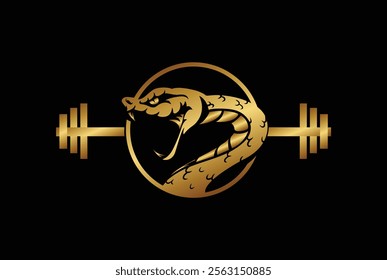 Vintage Python Cobra Anaconda Viper Mamba Snake with Barbell for Gym Fitness Sport Club Logo vector Icon design illustration.