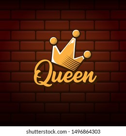 vintage queen crown vector icon with text isolated on red brick wall  background. funny girls print for tee or poster with princess crown and text