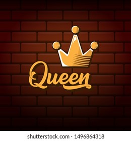 vintage queen crown vector icon with text isolated on red brick wall  background. funny girls print for tee or poster with princess crown and text