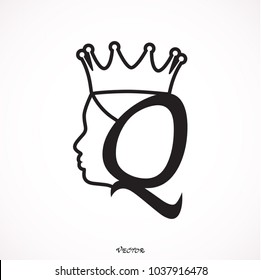 Vintage queen silhouette. Medieval queen profile. Fashion branding royal emblem with Q letter,  princess flat style