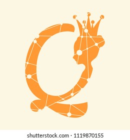 Vintage queen silhouette. Medieval queen profile. Elegant silhouette of a female head. Fashion branding emblem. Royal emblem with Q letter. Silhouette textured by lines and dots pattern