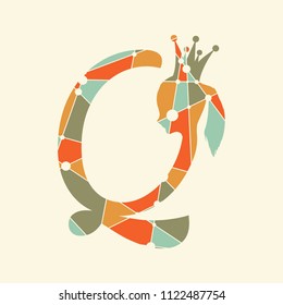 Vintage queen silhouette. Medieval queen profile. Elegant silhouette of a female head. Fashion branding emblem. Royal emblem with Q letter. Silhouette textured by lines and dots pattern