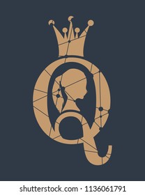 Vintage queen silhouette. Medieval queen profile. Elegant silhouette of a female head. Royal emblem with Q letter. Silhouette textured by lines and dots pattern