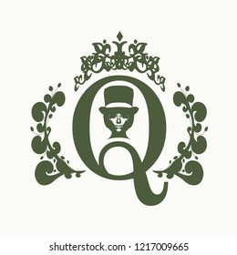 Vintage queen silhouette. Medieval queen profile. Elegant silhouette of a female head. Short hair. Royal emblem with Q letter decorated by floral pattern