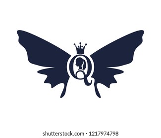 Vintage queen silhouette. Medieval queen profile. Elegant silhouette of a female head. Royal emblem with Q letter decorated by butterfly wings.