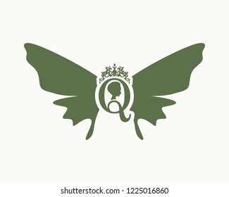 Vintage queen silhouette. Medieval queen profile. Elegant silhouette of a female head. Royal emblem with Q letter decorated by butterfly wings.