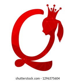 Vintage queen silhouette. Medieval queen profile. Elegant silhouette of a female head. Royal emblem with Q letter. Connected lines with dots.