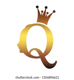Vintage queen silhouette. Medieval queen profile. Fashion branding royal emblem with Q letter