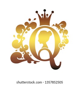 Vintage queen silhouette. Medieval queen profile. Elegant silhouette of a female head. Bun hairstyle. Royal emblem with Q letter decorated by floral pattern