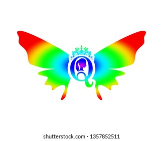 Vintage queen silhouette. Medieval queen profile. Elegant silhouette of a female head. Royal emblem with Q letter decorated by butterfly wings.