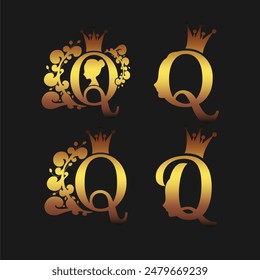 Vintage queen silhouette. Medieval queen profile. Elegant silhouette of a female head. Bun hairstyle. Royal emblem with Q letter decorated by floral pattern. Icons set