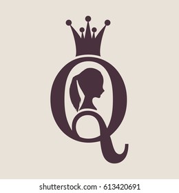 Vintage queen silhouette. Medieval queen profile. Elegant silhouette of a female head. Vector Illustration. Ponytail hairstyle. Monochrome gamma. Royal emblem with Q letter