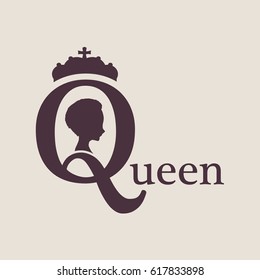 Vintage queen silhouette. Medieval queen profile. Elegant silhouette of a female head. Vector Illustration. Short hair. Monochrome gamma. Royal emblem with Q letter