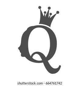 Vintage queen silhouette. Medieval queen profile. Fashion branding royal emblem with Q letter