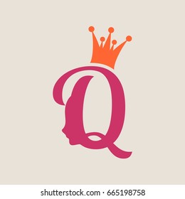 Vintage queen silhouette. Medieval queen profile. Fashion branding royal emblem with Q letter