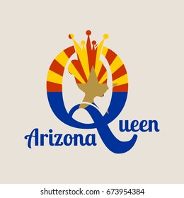 Vintage queen silhouette. Medieval queen profile. Elegant silhouette of a female head. Vector Illustration. Bun hairstyle. Flag of the Arizona state. Royal emblem with Q letter
