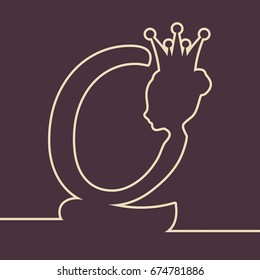 Vintage queen silhouette. Medieval queen profile. Elegant outline silhouette of a female head. Vector Illustration. Bun hairstyle. Monochrome gamma. Royal emblem with Q letter