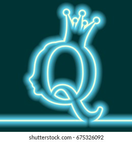 Vintage queen silhouette. Medieval queen profile. Elegant outline silhouette of a female head. Royal emblem with Q letter. Neon bulb illumination