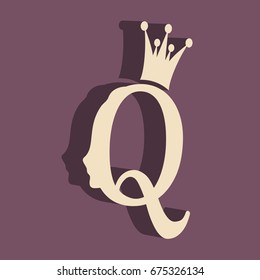 Vintage queen silhouette. Medieval queen profile. Elegant outline silhouette of a female head. Vector Illustration. Isometric icon. Royal emblem with Q letter